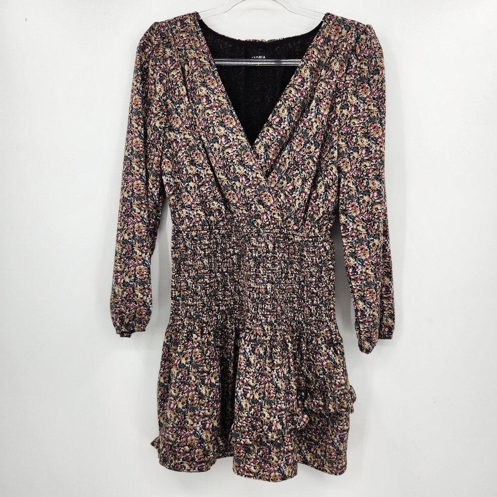 Storia Ditzy Floral Long Sleeve Mini Dress Womens Size Small V Neck Smocked